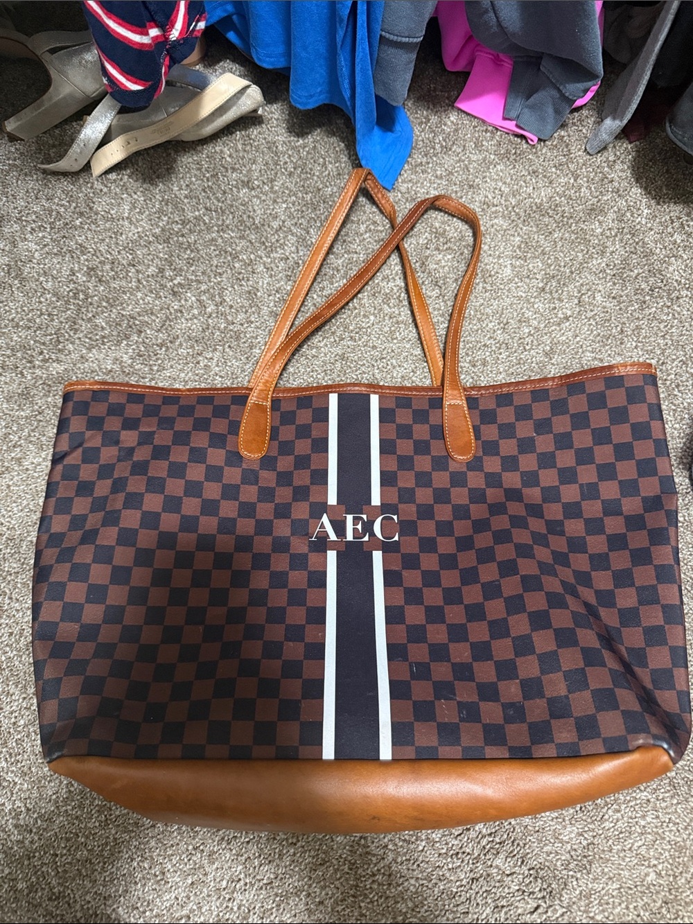 Monogram Stripe Checker Tote Bag in Brown
